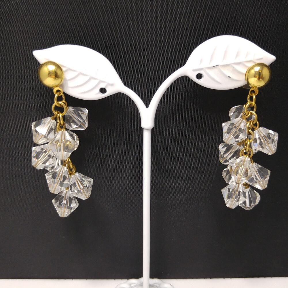 Vintage Crystal Dangling Beads Post Earrings, Gold Tone Chain, 1980s, 2 1/4 In